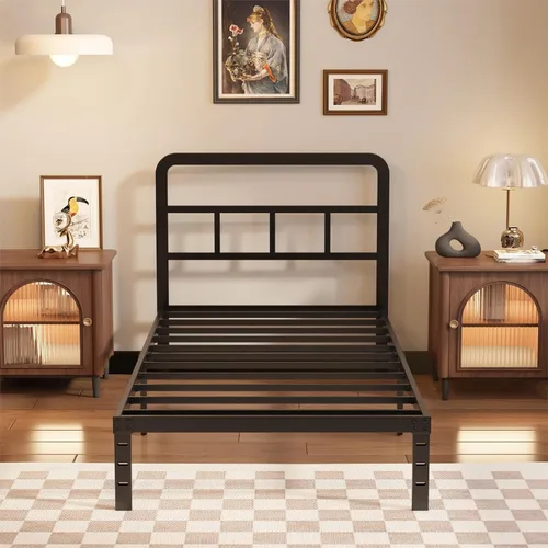 Miniatura 8 de Husleephu Marcos de cama individual con cabecero, marco de cama de plataforma individual de 12 pulgadas de metal resistente, no necesita somier