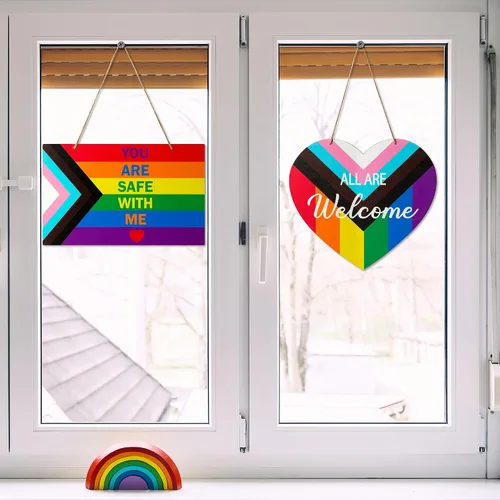 Miniatura 7 de Haooryx LGBTQ - Letrero de puerta del orgullo – 2 piezas de bandera del mes del orgullo LGBTQ+ en forma de corazón, corona de bienvenida de madera