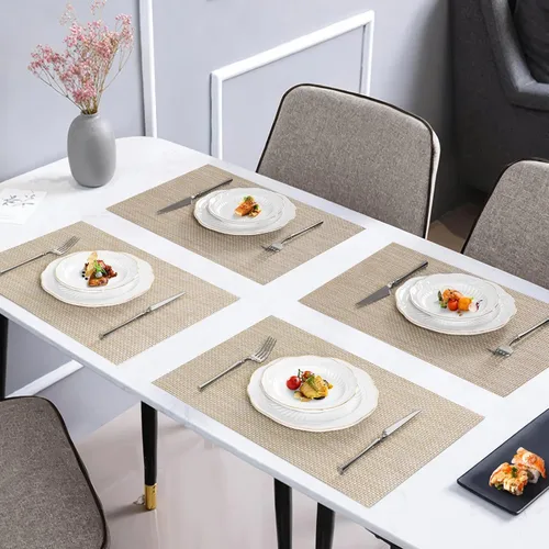 Miniatura 7 de Juego de 4 manteles individuales de vinilo de plástico tejido beige y amarillo para decoración de mesa de comedor, resistentes al calor