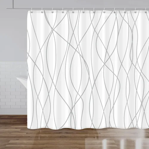 Miniatura 55 de Juego de cortinas de ducha azul egeo para baño con ganchos, cortinas de baño decorativas repelentes al agua y lavables con rayas blancas, 72 x 72