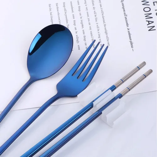 Miniatura 5 de Cubiertos de viaje portátiles, 3 piezas, cuchara, tenedor, palillos, acero inoxidable 18/10, con estuche y bolsa para la escuela, el trabajo