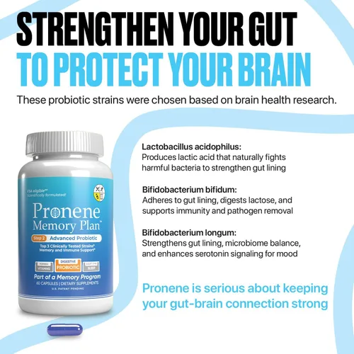 Miniatura 7 de Pronene Memory Plan Probiótico avanzado Lactobacillus, Bifidobacterium bifidum, Bifidobacterium longum Apoya la inmunidad, microbioma, eje