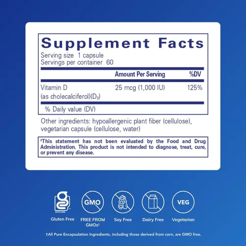 Miniatura 2 de Pure Encapsulations Vitamina D3 25 mcg (1,000 UI) - Suplemento para apoyar la salud de los huesos, articulaciones, senos, corazón, colon e inmunidad