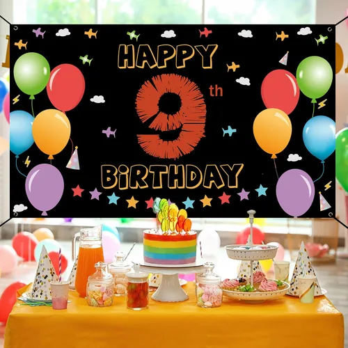 Miniatura 4 de Cartel de fondo de 9º cumpleaños, decoraciones de feliz 9º cumpleaños para niñas y niños, cartel de cumpleaños de 9 años, colorido fondo de fiesta