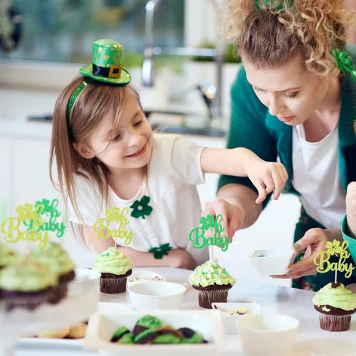 Miniatura 4 de Gyufise Paquete de 24 adornos para cupcakes del Día de San Patricio Lucky Oh Baby con decoraciones de cuatro hojas para pastel de baby shower de San