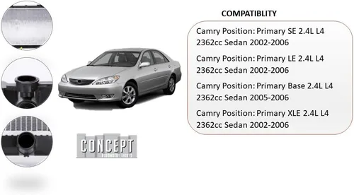 Miniatura 5 de Compatible con Toyota Camry Base/XLE/LE/SE 2002 2003 2004 2005 2006 2.4L L4 Radiador Partslink: TO3010276 / OEM: 16410-YZZAG
