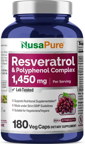 NusaPure Complejo de resveratrol y polifenol 1450 mg 180 cápsulas vegetarianas (sin OMG, sin gluten) Vitamina C