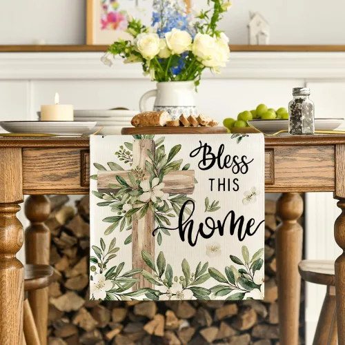 Miniatura 2 de Artoid Mode - Camino de mesa de hojas de olivo cruzadas, decoración de mesa de cocina y comedor de temporada de verano de Pascua, para decoración