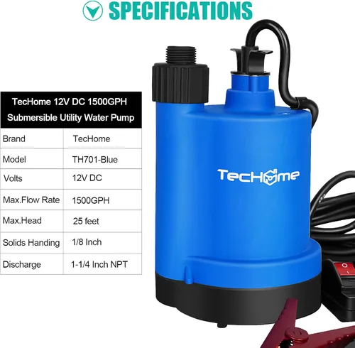 Miniatura 2 de Bomba de agua TecHome, bomba de transferencia de agua de 115V 1/10HP 330GPH, con interruptor de encendido/apagado y kit de manguera de succión.