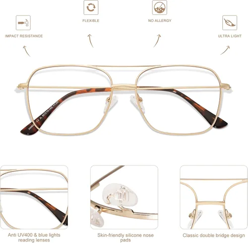 Miniatura 4 de AMOMOMA Paquete de 3 lentes de lectura retro para mujeres y hombres, estilo aviador, cuadrado, luz azul, computadora, lector de 1.50 2.00