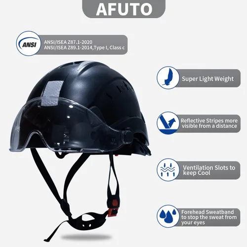 Miniatura 2 de Casco duro negro con calcomanías reflectantes ANSI Z89.1, aprobado por ANSI Z89.1, ajustable, 6 puntos, suspensiones, visera retráctil para Negro 01