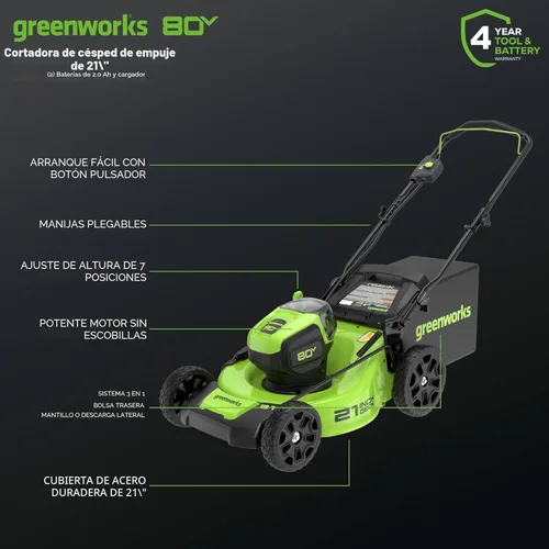 Miniatura 2 de Cortacésped inalámbrico Greenworks de 80 V, 21 pulgadas sin escobillas (compatible con 75+ herramientas), incluye (2) baterías de 2.0 Ah y cargador