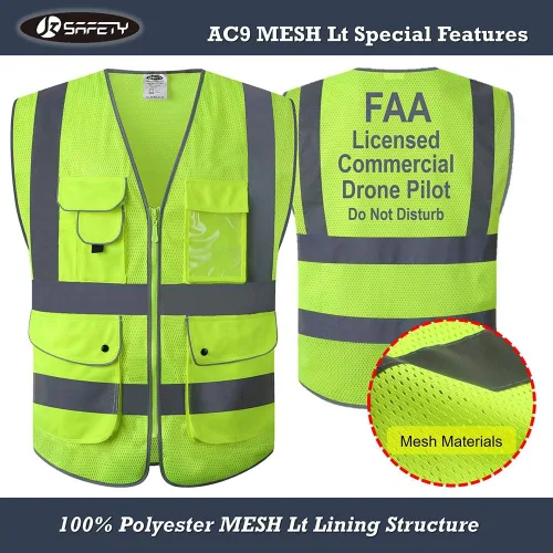 Miniatura 2 de JKSafety Chaleco de seguridad frontal con 9 bolsillos clase 2 de alta visibilidad con cremallera, para pilotos de drones de la FAA, con tiras