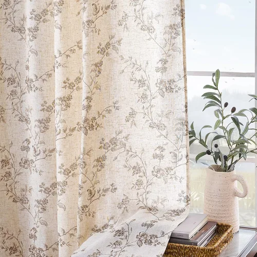 Miniatura 5 de Lazzzy - Cortinas de lino floral gris pardo de 84 pulgadas, cortinas de estilo granja con solapa trasera para sala de estar y dormitorio, cortinas