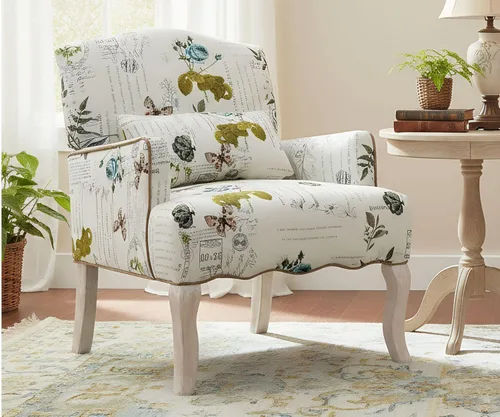 Miniatura 10 de Silla decorativa floral cómoda de tela, cómoda silla de lectura tapizada moderna con almohada extraíble con respaldo alado para sala de estar, Beige