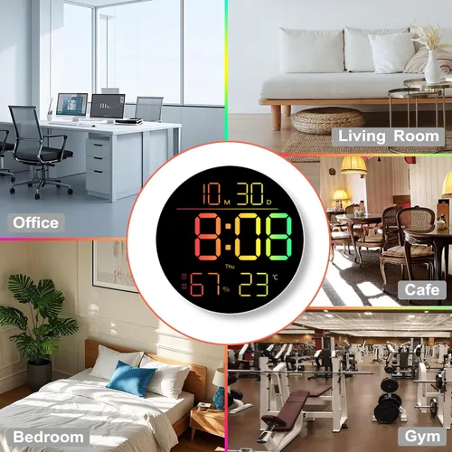 Miniatura 8 de QINFIEY Reloj de pared LED de 10 pulgadas con luz ambiental RGB, atenuación automática, pantalla de color/hora/fecha/temperatura/humedad, alarma