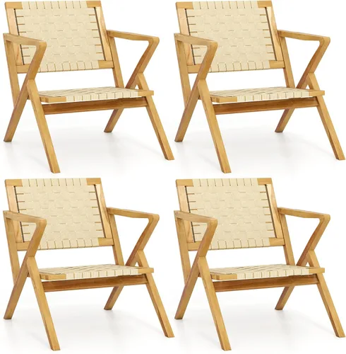 Miniatura 11 de Tangkula Silla de comedor de madera de teca para exteriores, sillón rústico de madera para patio con asiento y respaldo de cincha, para sala