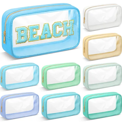 9 bolsas de maquillaje transparentes de felpilla para bricolaje, bolsa grande de nailon para maquillaje, artículos de aseo de viaje, con cremallera,
