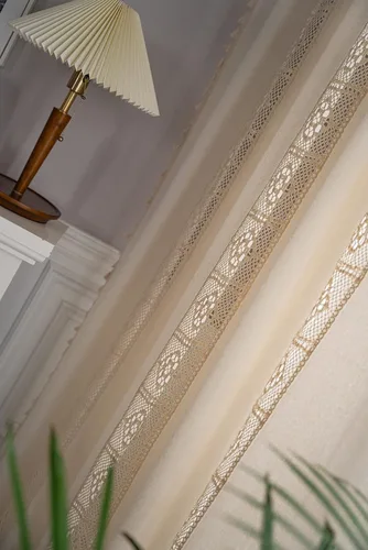 Miniatura 2 de vctops Cortina de ganchillo a cuadros con borlas y bolsillo para barra, cortinas de lino de algodón semitransparentes para ventana para sala