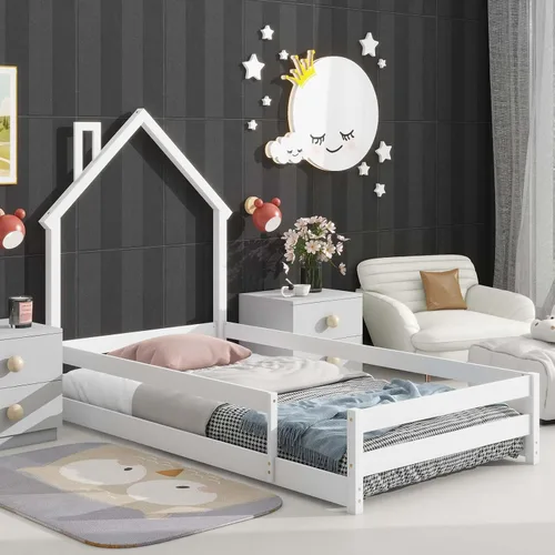Miniatura 12 de Cama Montessori de madera tamaño individual con cabecera y cercas en forma de casa, cama de plataforma completa para niños, niñas, niños, altura Gris