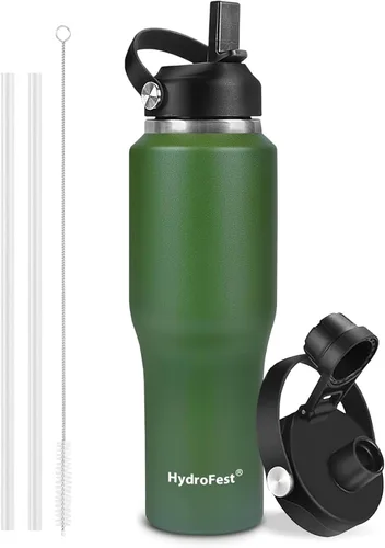 Miniatura 14 de Botella de agua de 32 onzas aislada con popote, botellas de agua a prueba de fugas, botella de agua para hombre, acero inoxidable para gimnasio