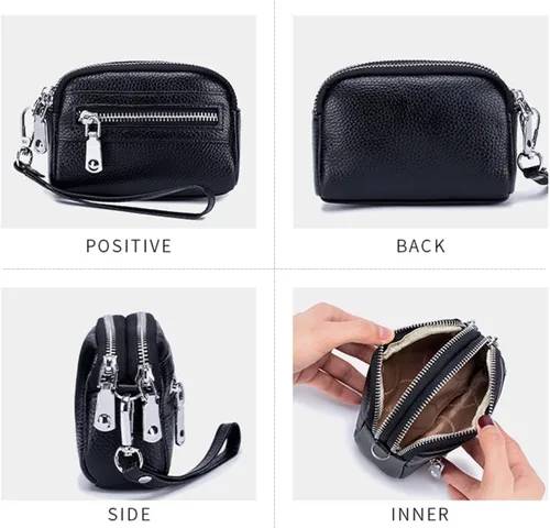 Miniatura 3 de Cartera de cuero genuino con correa para la muñeca, Negro