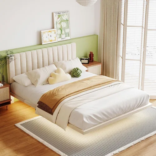 Miniatura 18 de Bonita cama tapizada de cuero con adorno de conejo, cama de plataforma de tamaño individual con cabecero y listones de madera, adecuada para niños