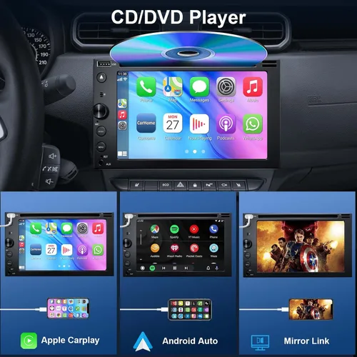 Miniatura 2 de Estéreo de coche de doble DIN con reproductor de CD/DVD, pantalla táctil de 7 pulgadas con Apple CarPlay y Android Auto, Bluetooth5.2, cámara