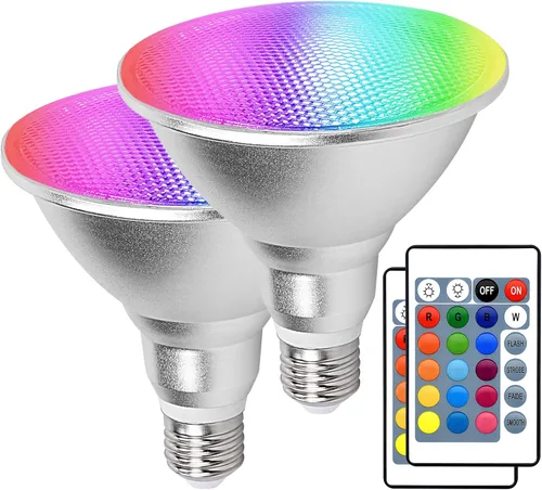 Paquete de 2 focos RGB PAR38 para exteriores con control remoto, 30 W = 90 W, bombillas LED impermeables que cambian de color, blanco cálido de 3000