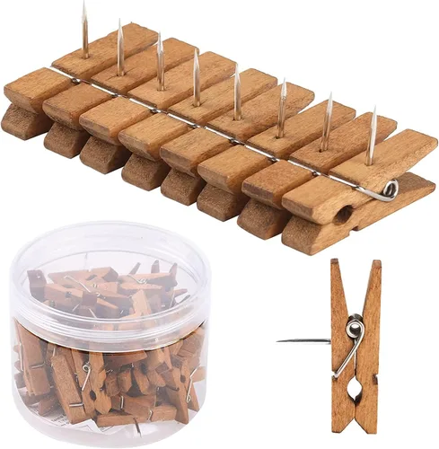 Miniatura 9 de 50 alfileres de empuje con clips de madera, pasadores de madera duraderos, chinchetas decorativas, tachuelas para tablero de corcho, obras de arte