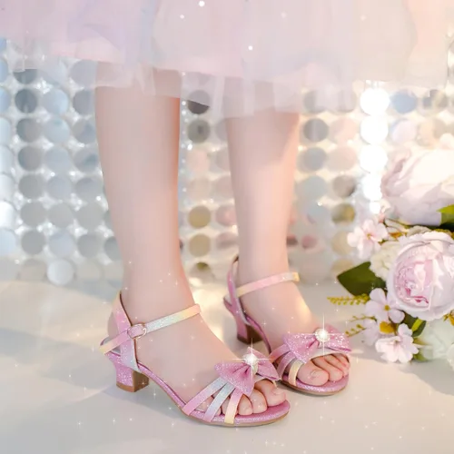 Miniatura 3 de LAURMOSA Sandalias para niñas, zapatos de vestir para fiesta de boda, puntera abierta, tacones altos con purpurina para niños pequeños y grandes