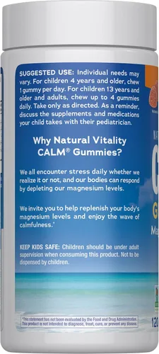 Miniatura 3 de Natural Vitality Gomitas de magnesio calmantes 330 mg por porción Suplemento con sabor a naranja Sin gluten y vegano 120