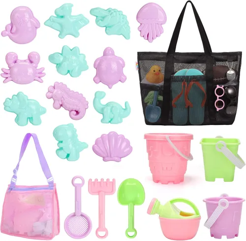 Tagitary Juego de juguetes de playa de arena para niños de 3 a 10 años y bolsa de playa de malla con cremallera, bolsa de playa grande con 8