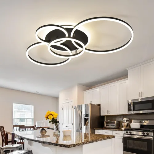 Miniatura 5 de Lámpara de techo LED moderna de 90W regulable con control remoto, 5 anillos, lámpara de techo empotrada, candelabro acrílico negro LED para sala