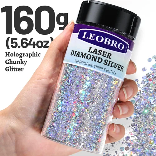 Miniatura 2 de LEOBRO - Purpurina plateada, 160G/5.64OZ, brillantina holográfica gruesa para manualidades, resina, uñas, cabello, cara, decoraciones DIY Diamante