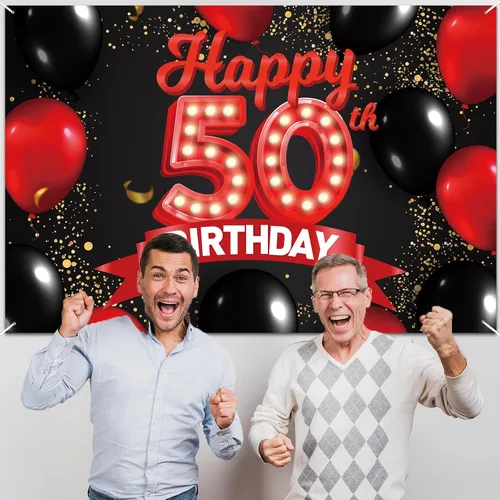 Miniatura 5 de Cartel de feliz cumpleaños 50 años rojo y negro, telón de fondo, decoraciones de globos, decoración temática para niñas, mujeres, princesas, fiesta