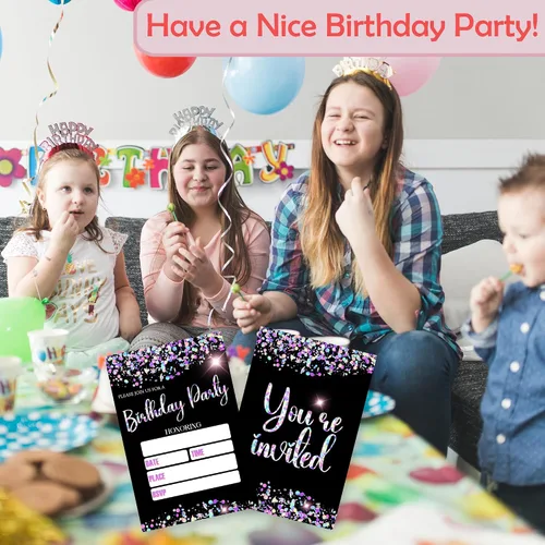 Miniatura 4 de Invitaciones de cumpleaños para niña, 20 invitaciones temáticas de lentejuelas con purpurina de doble cara con sobres para niña, recuerdo de fiesta