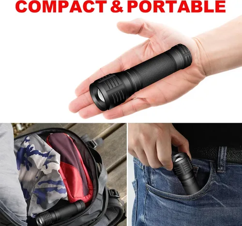 Miniatura 4 de Linterna LED táctica de grado militar, 3 modos, 3000 lúmenes, impermeable, con zoom, paquete de 4