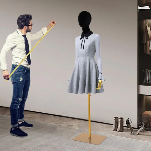 Miniatura 3 de Maniquí femenino de terciopelo con brazos y base dorados, altura ajustable de 59 a 79 pulgadas, soporte de exhibición de medio maniquí