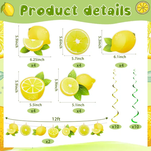 Miniatura 2 de Lewtemi 22 decoraciones de fiesta de limón incluyen 2 carteles de limón, 20 limones colgantes, remolinos de limonada cítrica, decoraciones