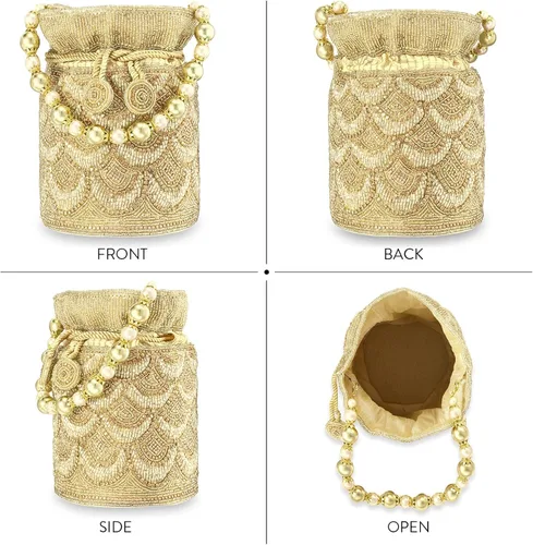 Miniatura 4 de Aheli Gold Potli - Bolsas de noche para mujer, bolso de mano étnico con cordón (P70G), Oro