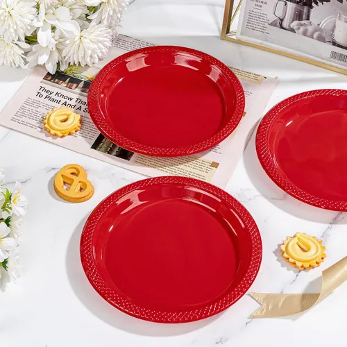 Miniatura 8 de WELLIFE Platos de plástico rojos de 7 pulgadas, 50 platos desechables para fiesta, día de la madre, plato pequeño de postre para cena, pasteles