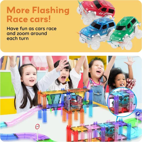 Miniatura 7 de PicassoTiles Juego de 3 autos de juguete magnéticos con luz LED, altamente detallado, compatible con imán, carreras, pistas de carreras, accesorios