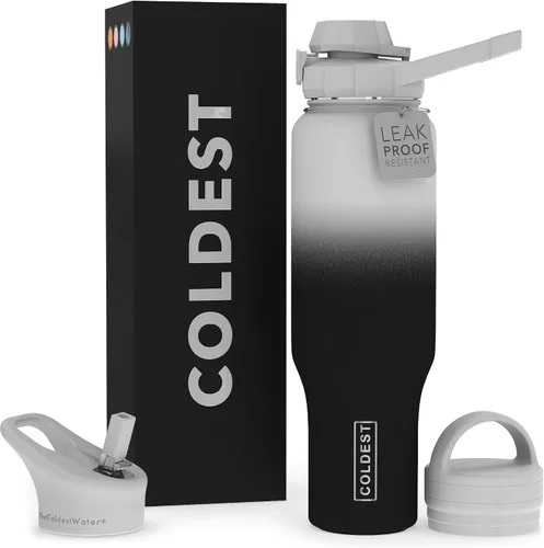 Miniatura 8 de Botella de agua deportiva más fría - Tapas 3 en 1 (Trago, Pajita, Asa) - Vaso aislado de acero inoxidable con asa - Taza de agua al vacío, regalos