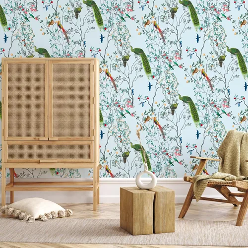 Miniatura 2 de VEELIKE Papel tapiz de pavo real azul claro para despegar y pegar, para dormitorio, sala de estar, 17.7 x 118 pulgadas, papel de pared chinoiserie