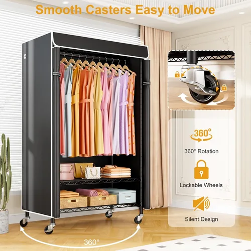 Miniatura 4 de ULIFHOME P6C - Perchero con ruedas con tapa, percheros de ropa cubiertos resistentes, armario portátil para colgar ropa, percheros con ruedas