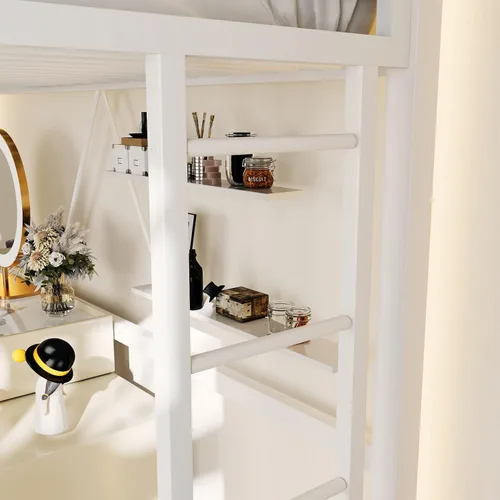 Miniatura 8 de ikalido - Cama elevada de metal tamaño individual con barandilla de seguridad y escalera, no requiere somier, ahorra espacio, mueble para Blanco