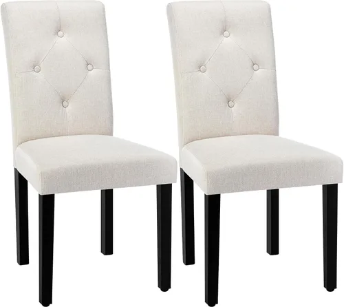 VECELO Juego de 2 sillas de comedor tapizadas, tela moderna y patas de madera maciza y respaldo alto para cocina/sala de estar, color beige