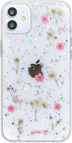 Miniatura 13 de Abbery Funda transparente para iPhone 11 con diseño de flores moradas, bonita funda protectora de silicona suave TPU real seca prensada floral