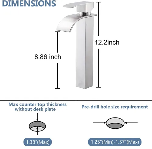 Miniatura 5 de Grifo de lavabo alto de níquel cepillado con boquilla de cascada, grifo alto de baño de una sola manija, sobre mostrador, grifo de lavabo de tocador